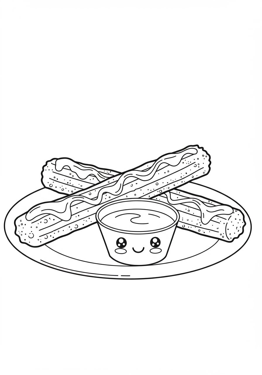 Free printable coloring page featuring delicious churros with a side of chocolate dipping sauce, perfect for kids.