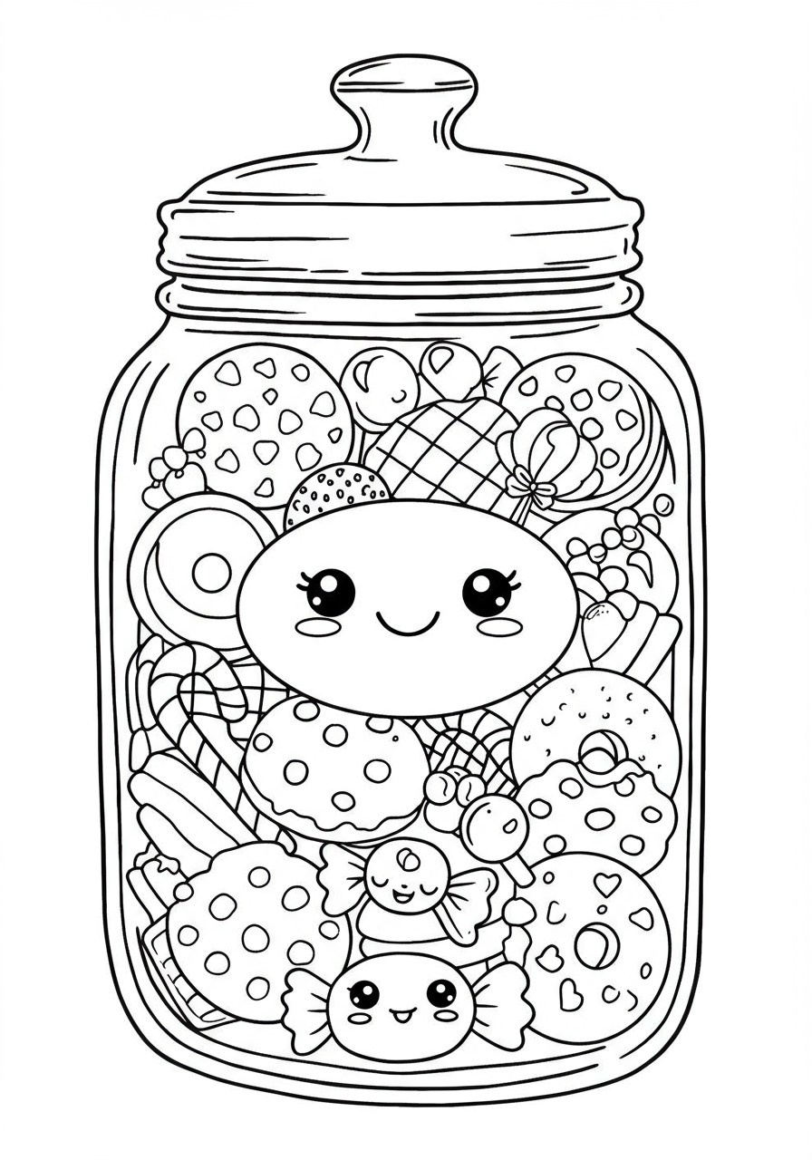 A free printable coloring page showing a large glass cookie jar overflowing with various cookies, candies, and sweet treats.
