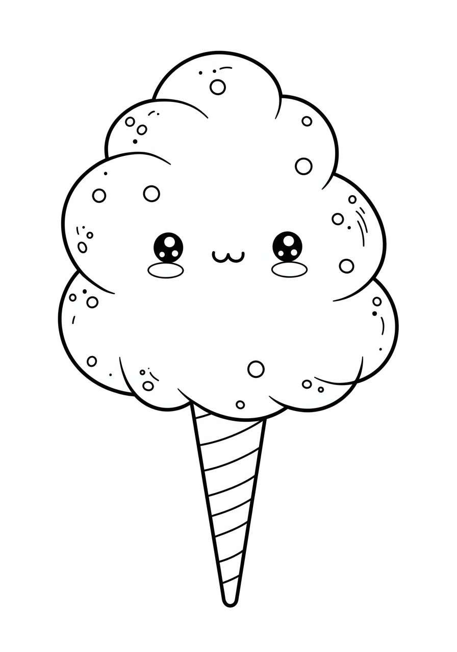 Free printable coloring page featuring a whimsical cotton candy cloud design for children to color with crayons or markers.