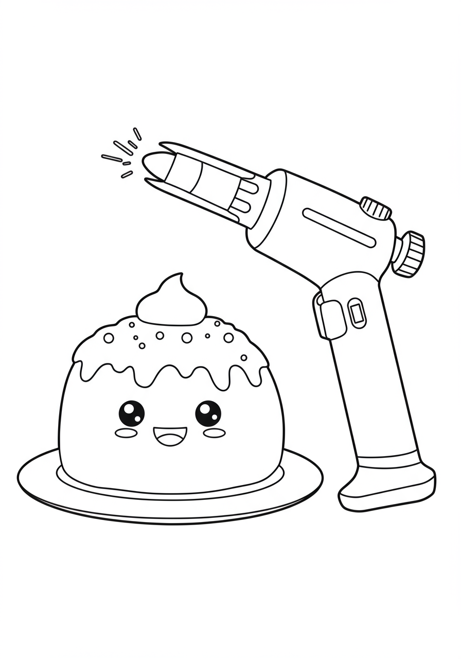 Free printable Creme Brulee Torch coloring page for kids, showing a friendly kitchen torch and a dessert dish.