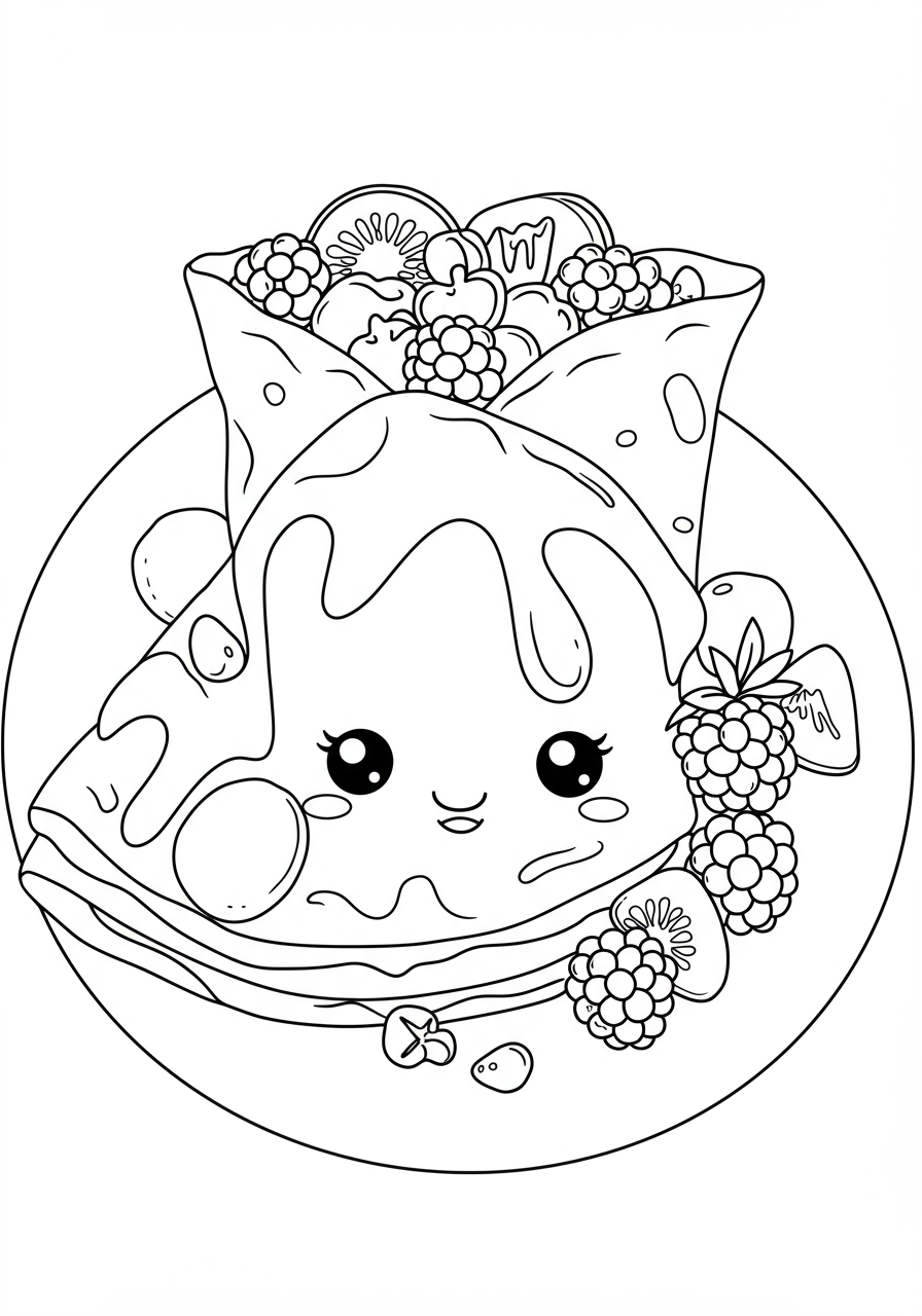 Free printable coloring page of delicious crepes drizzled with bright fruit syrup and fresh berries, perfect for kids.