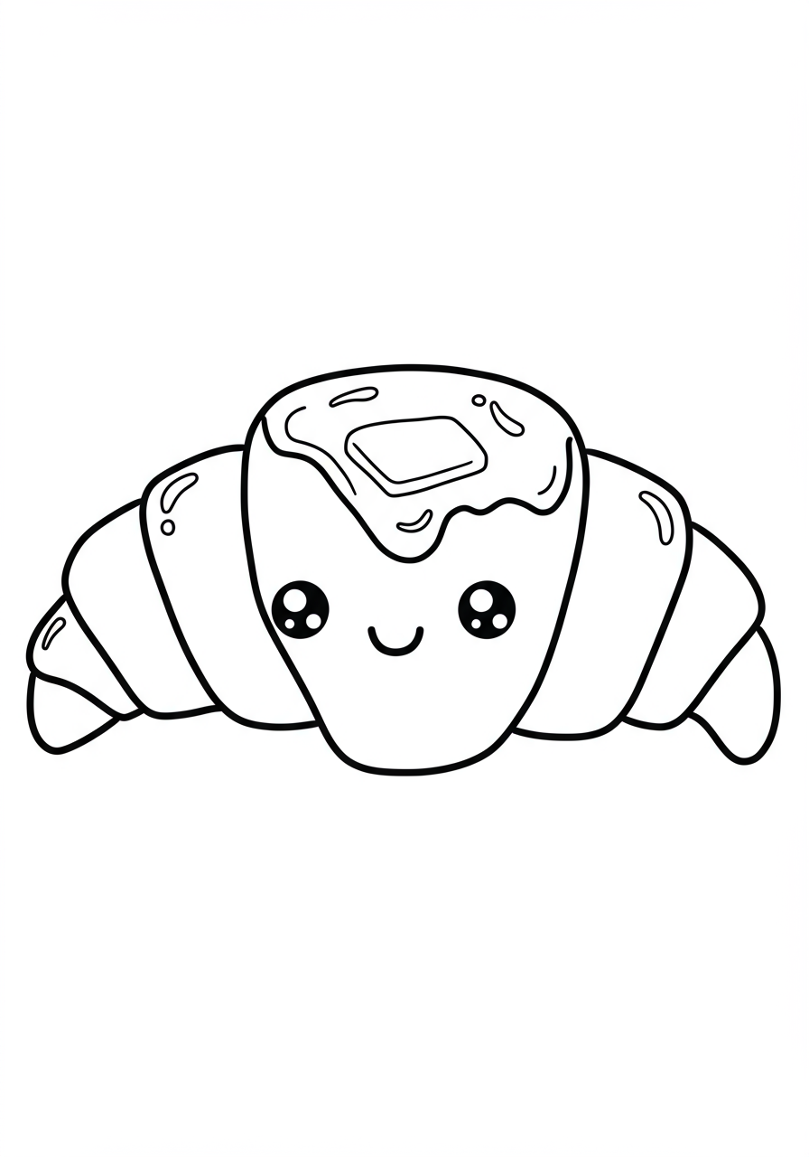 Free printable coloring page featuring a delicious croissant with a dollop of butter and a swirl of jam, perfect for kids.