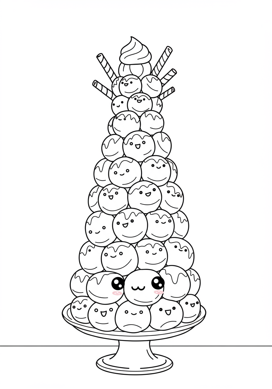 A free printable coloring page featuring a tall, festive Croquembouche towering pastry made of cream puffs and caramel, ready for kids to color.