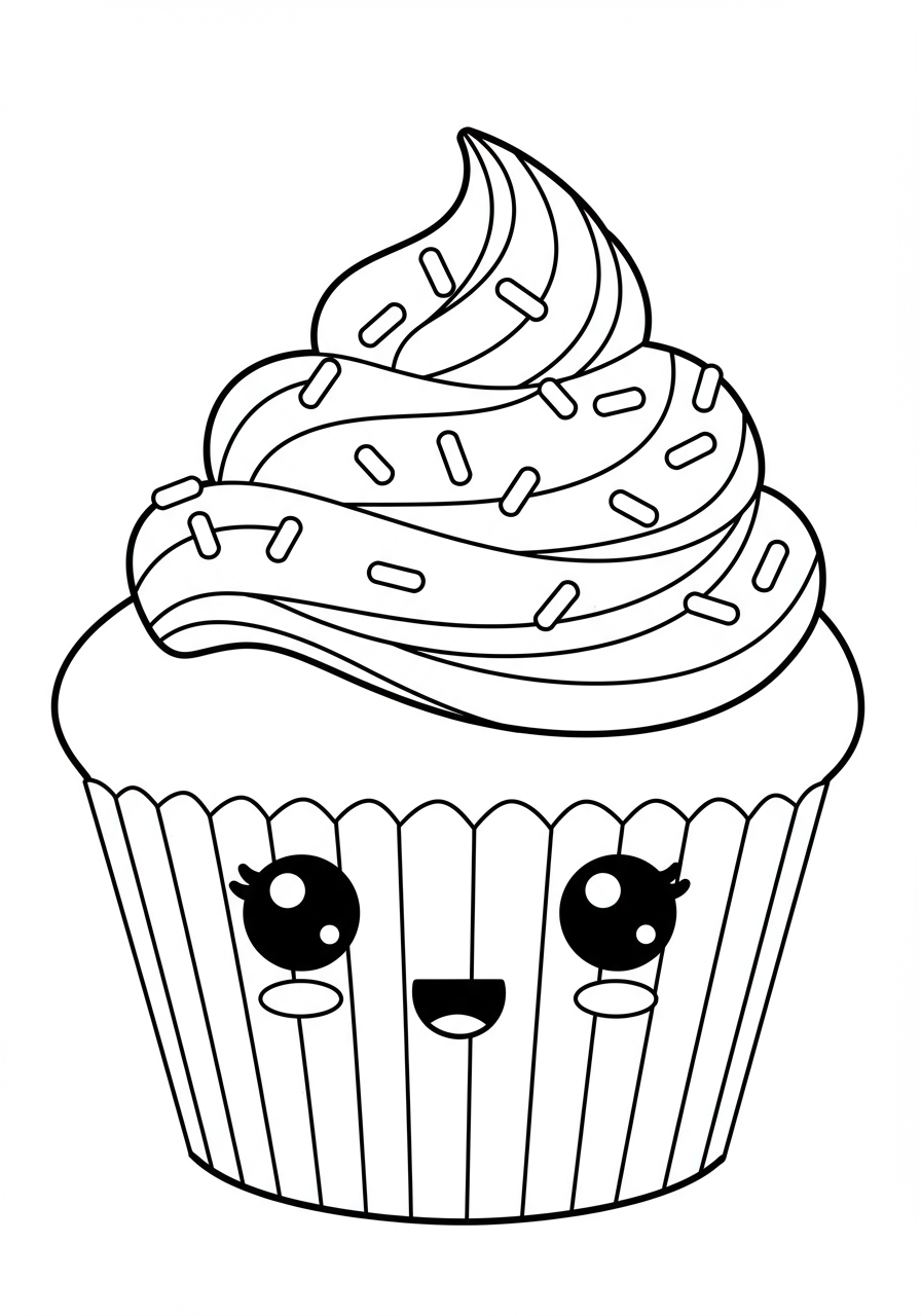 A free printable coloring page featuring a cute, smiling cupcake character with big eyes, swirled frosting, and sprinkles, ready for kids to color.