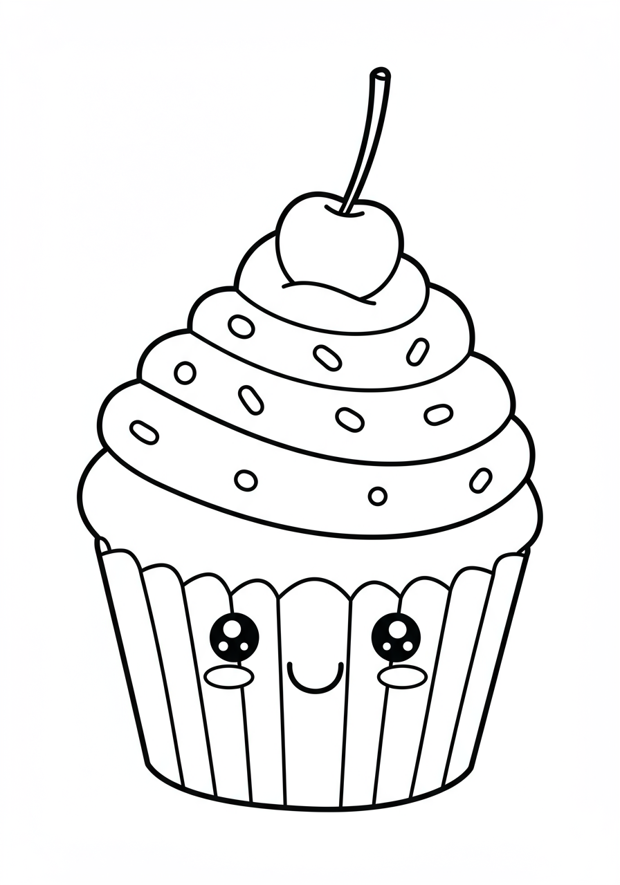 Free printable coloring page featuring a delicious cupcake with swirled cherry frosting and a bright red cherry on top, perfect for kids to color and enjoy.