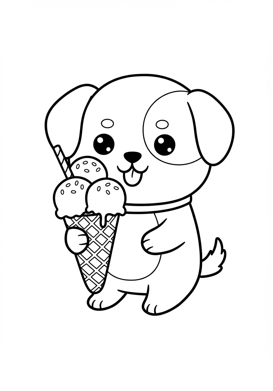 An adorable free printable Dog with Ice Cream coloring page for kids, featuring a happy dog holding a sweet treat in a waffle cone.