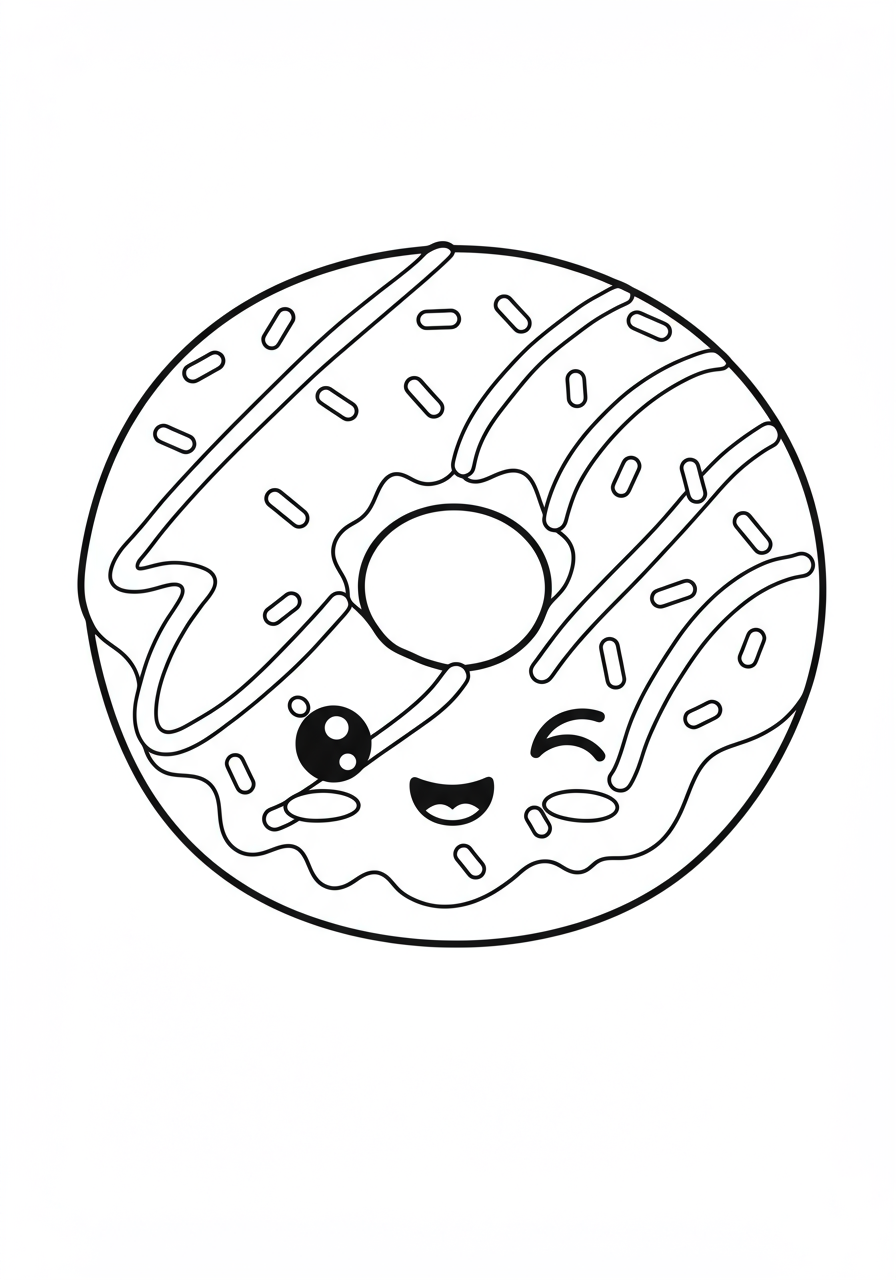 Free printable coloring page featuring a cheerful donut character winking, topped with frosting and sprinkles, perfect for kids who love sweet treats and easy coloring activities.
