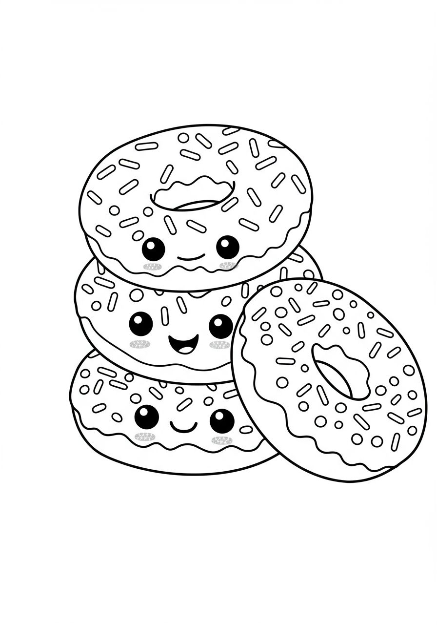 Free printable coloring page featuring a stack of three delicious donuts covered in colorful sprinkles, perfect for kids.