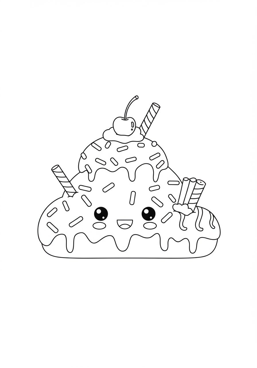 Free printable coloring page featuring a fun, easy-to-color doughnut hole mountain with sprinkles, frosting, and a cherry on top, perfect for kids.