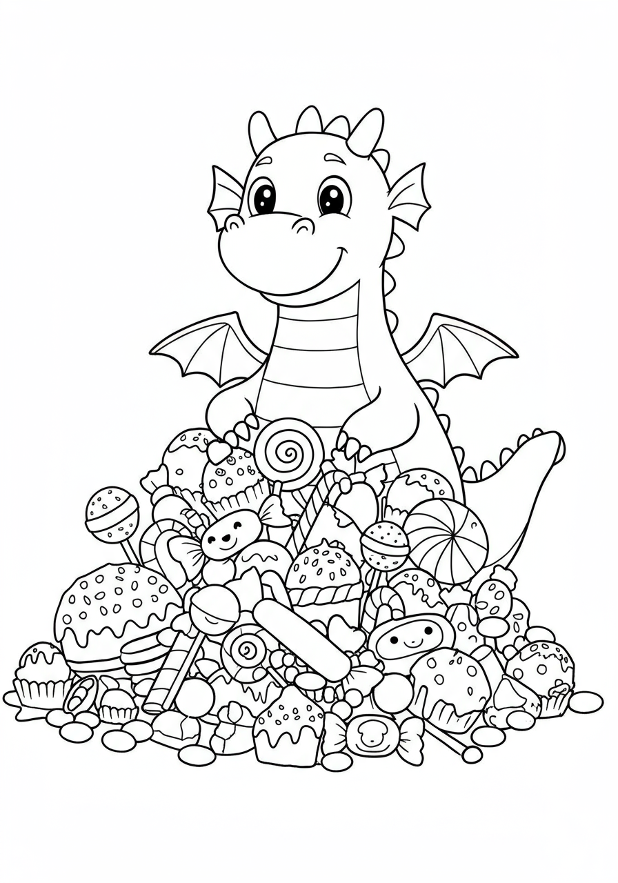 An outline drawing of a friendly, smiling dragon happily guarding a large, overflowing pile of various candies, lollipops, and chocolates, ideal for a free printable kids coloring page featuring sweets and fantasy.