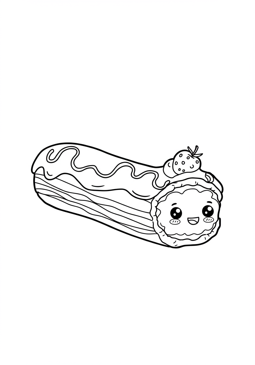 Free printable coloring page featuring delicious eclairs with shiny chocolate glaze, perfect for kids to color and enjoy a sweet treat activity.
