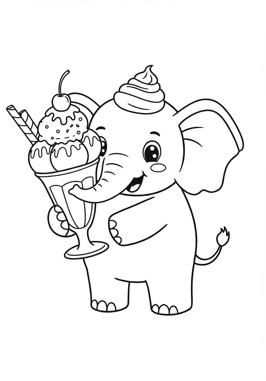 A free printable coloring page featuring a happy cartoon elephant holding a large, delicious ice cream sundae with a cherry on top, ready to be colored by kids.