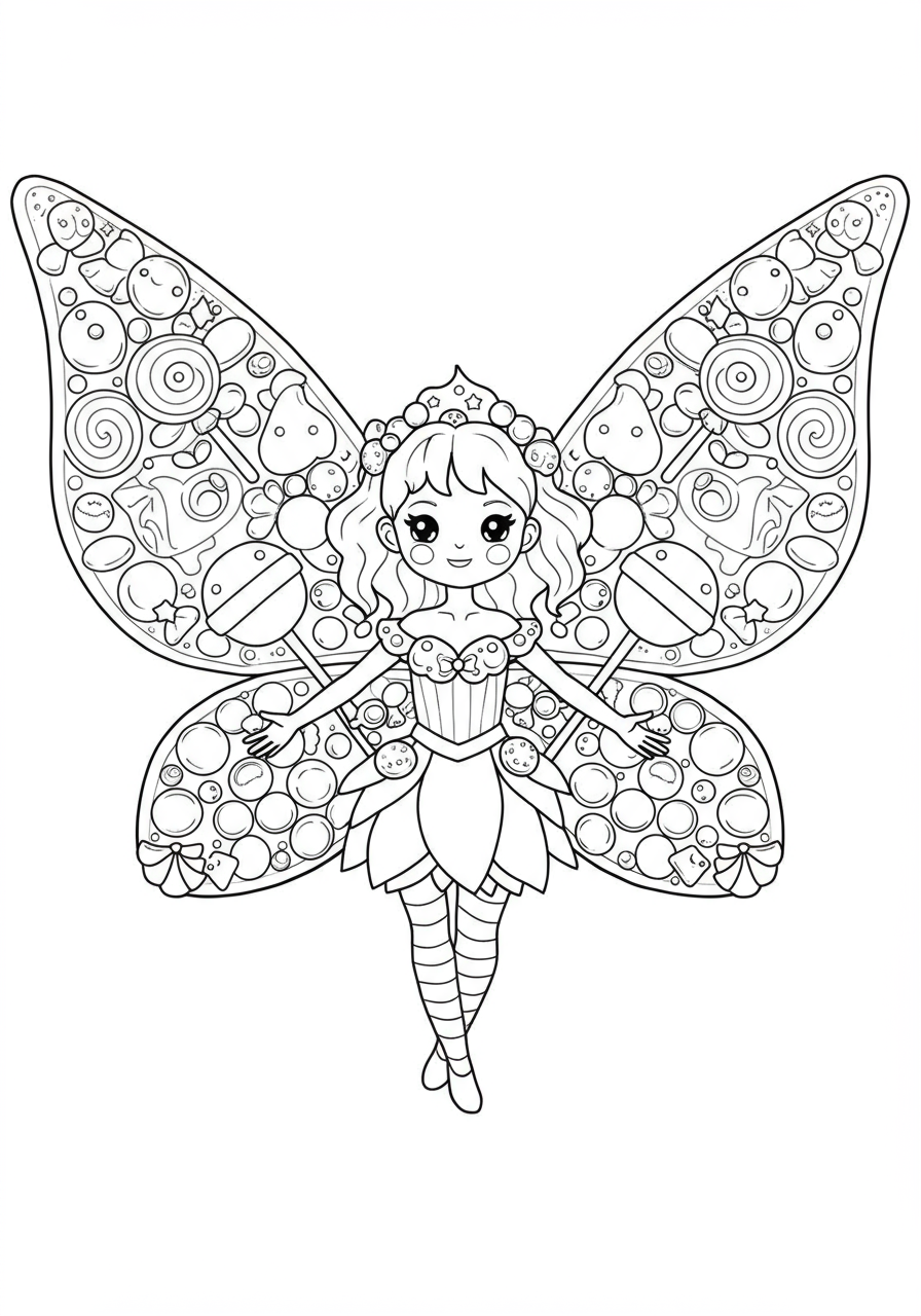 A free printable coloring page featuring a cheerful fairy with large, detailed wings made of various candies and sweets like lollipops, gumdrops, and frosting swirls, suitable for easy coloring.