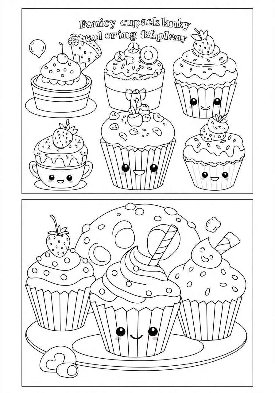 A free printable coloring page showing a fancy tiered cupcake display with various decorated cupcakes, sprinkles, and cherries, perfect for young children.
