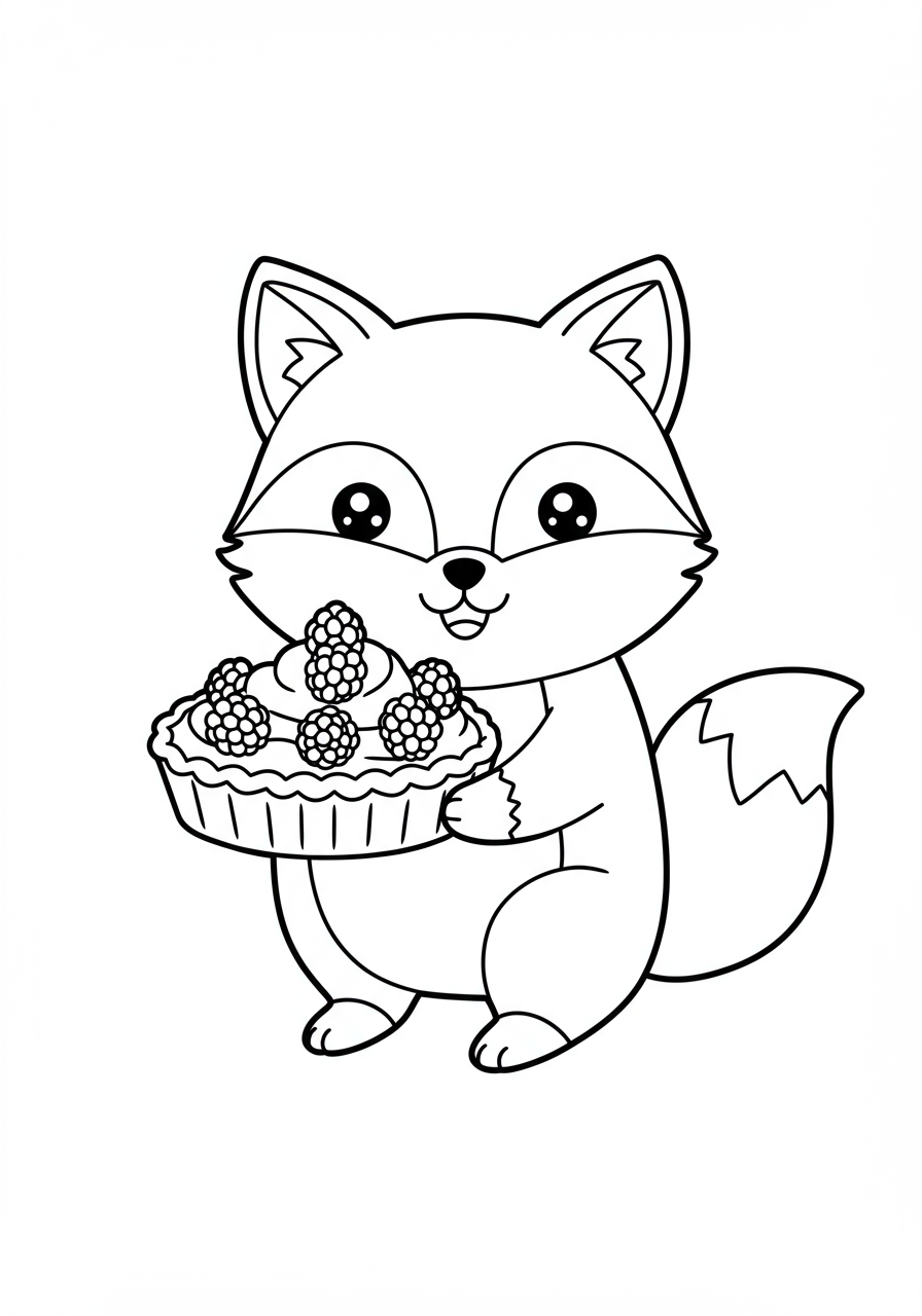 Cute cartoon fox holding a delicious berry tart, free printable coloring page for kids.