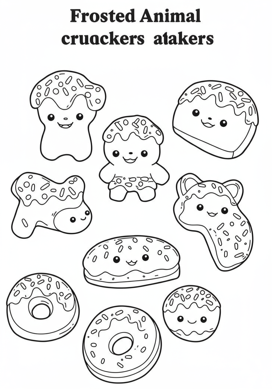 Free printable Frosted Animal Crackers coloring page showing various animal shapes covered in frosting and sprinkles, ready for kids to color.