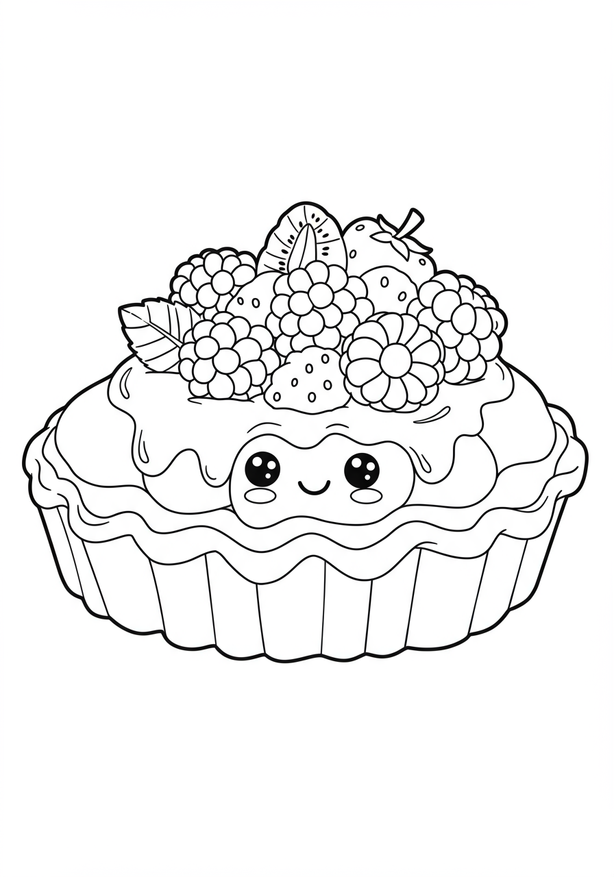 Free printable fruit tart with glazed berries coloring page for kids, an easy food-themed activity.