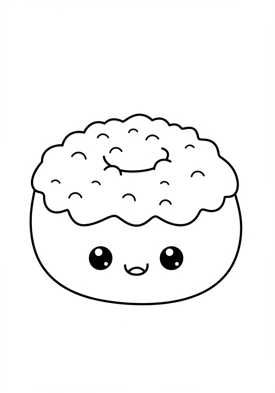 A free printable coloring page depicting a delicious, golden-brown funnel cake generously topped with a cloud of white powdered sugar, ready for kids to color.