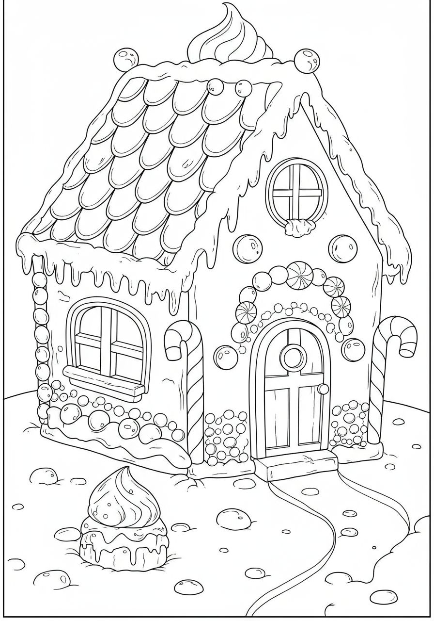 Free printable Gingerbread House Details coloring page for kids, showing close-ups of frosted windows, candy-decorated doors, gumdrop roofs, and peppermint pathways, suitable for easy coloring.
