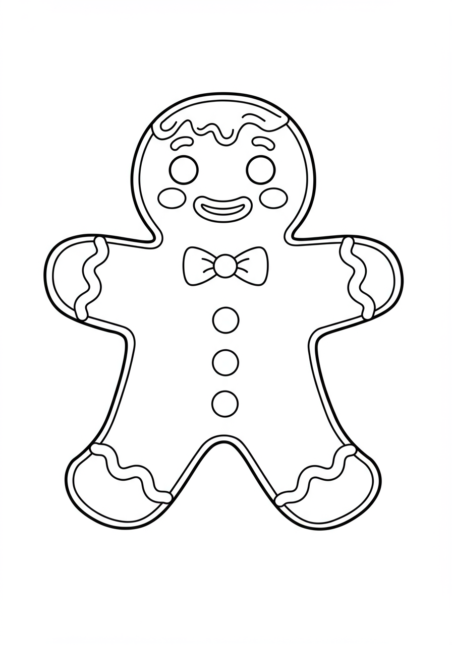 Free printable coloring page featuring a smiling gingerbread man with frosting details and cheerful buttons, perfect for kids.