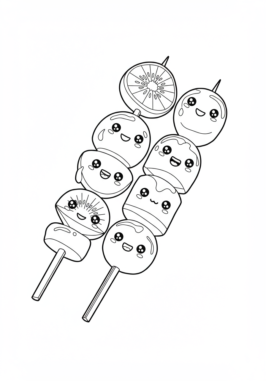 Free printable coloring page featuring delicious glazed fruit skewers with various fruits on sticks, ready for kids to color.