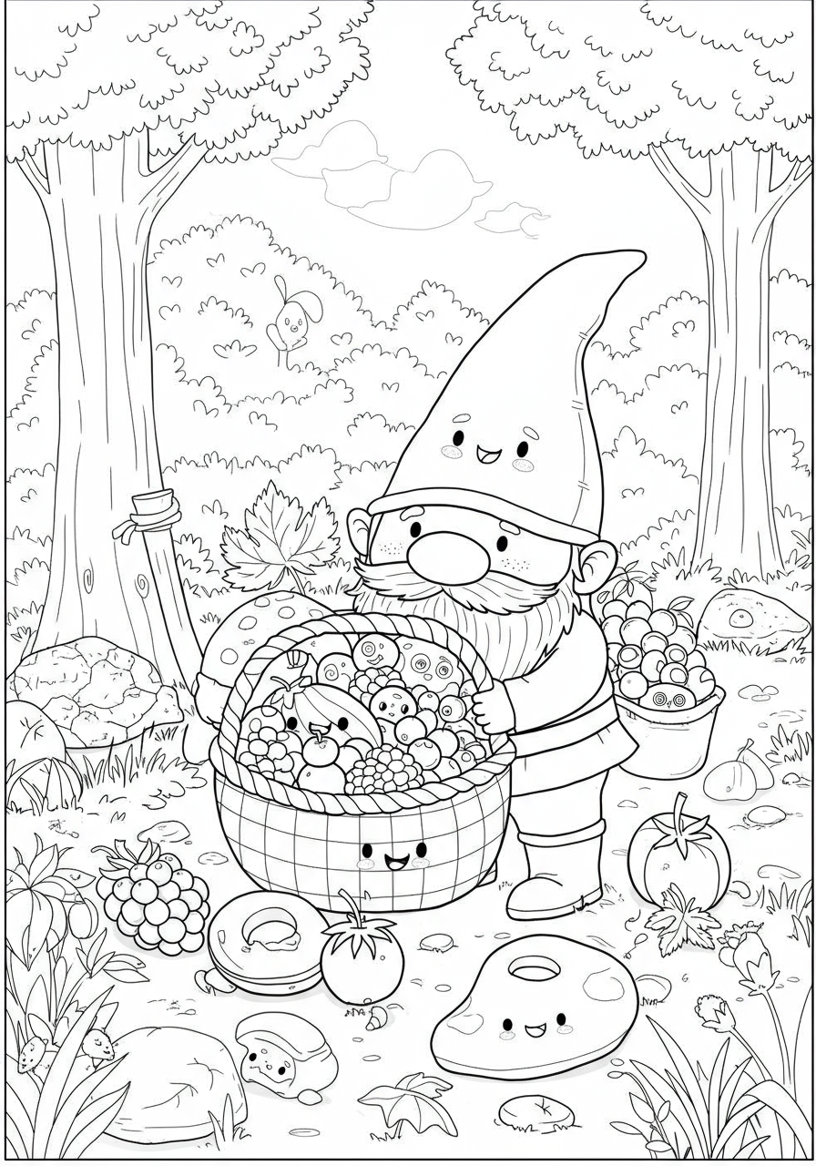 A free printable coloring page featuring a cheerful gnome with a pointy hat, picking various sweet berries into a basket in a whimsical forest setting.