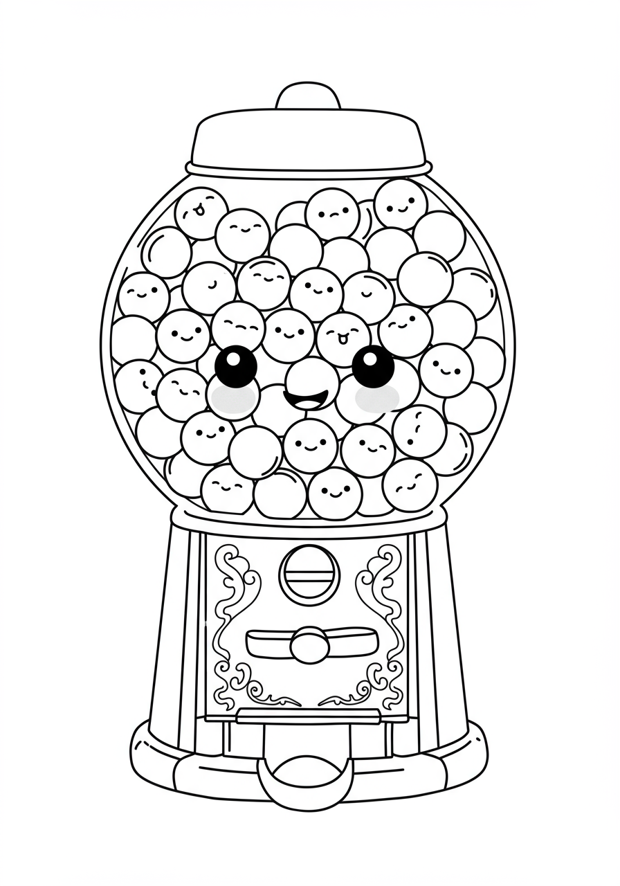 A free printable coloring page showing a vintage gumball machine filled with many gumballs, perfect for kids to color with a classic look.