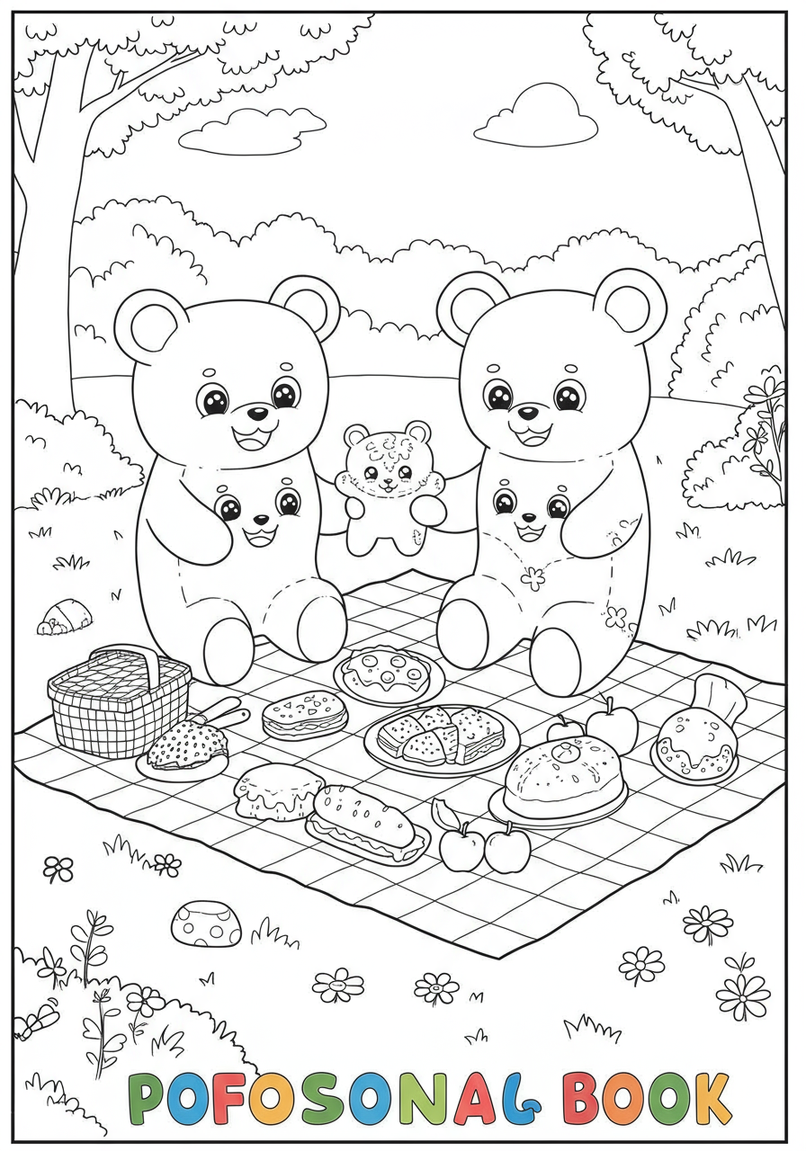 Free printable coloring page featuring a happy gummy bear family enjoying a picnic in a park, with food on a checkered blanket and simple background elements, perfect for kids.