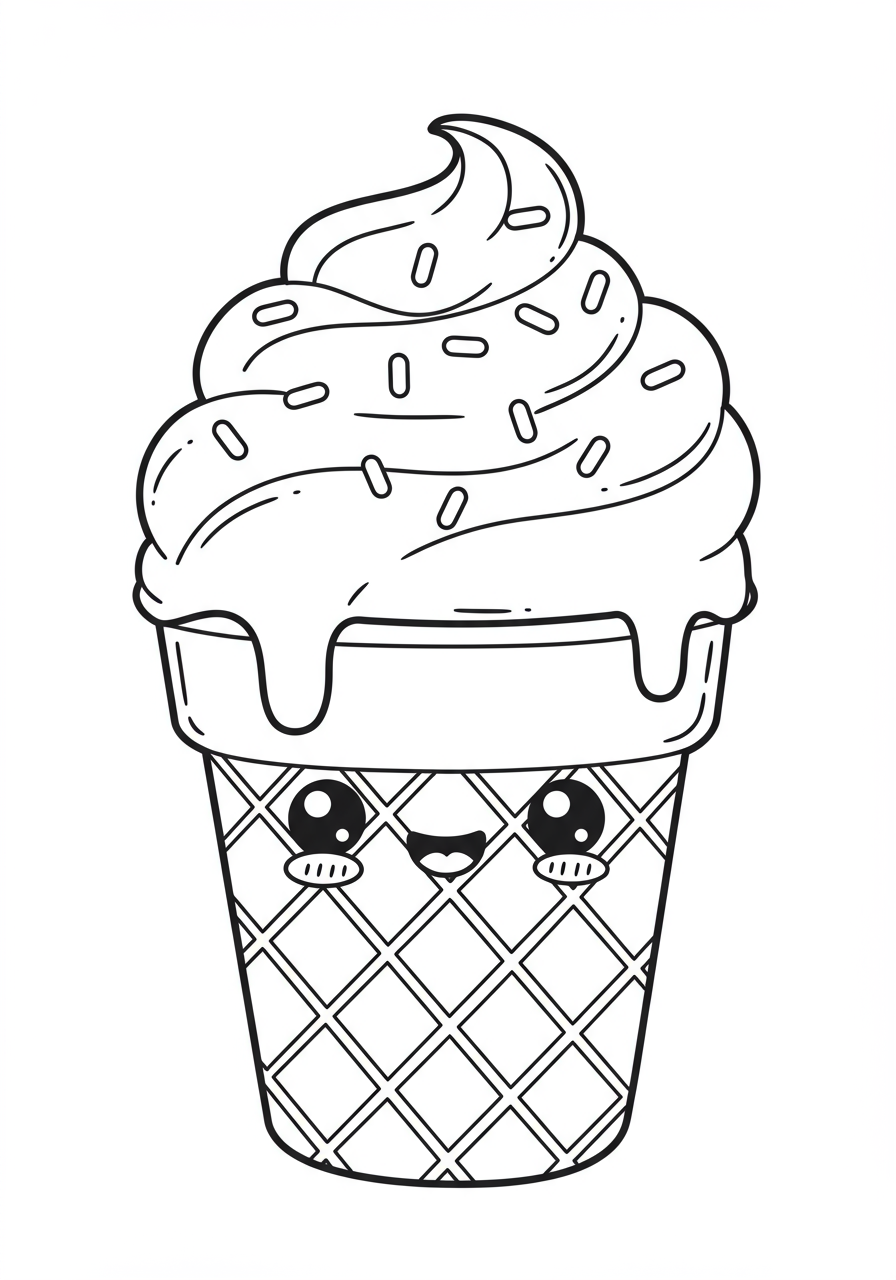 A cheerful, smiling ice cream cone with sprinkles and a cherry on top, sitting in a waffle cone, ready for coloring. Free printable Happy Ice Cream Cone coloring page for kids.