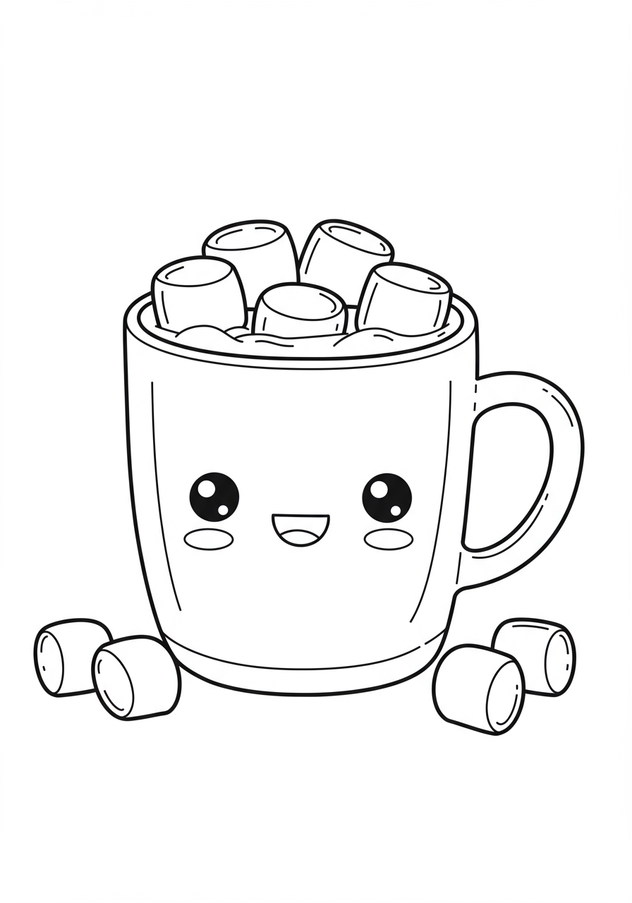 Free printable hot chocolate mug with marshmallows coloring page for kids, perfect for sweet treats and winter fun.