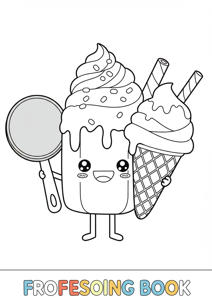Free printable coloring page featuring a happy ice cream character with a big smile, an ice cream scoop, and a waffle cone, ready for kids to color.