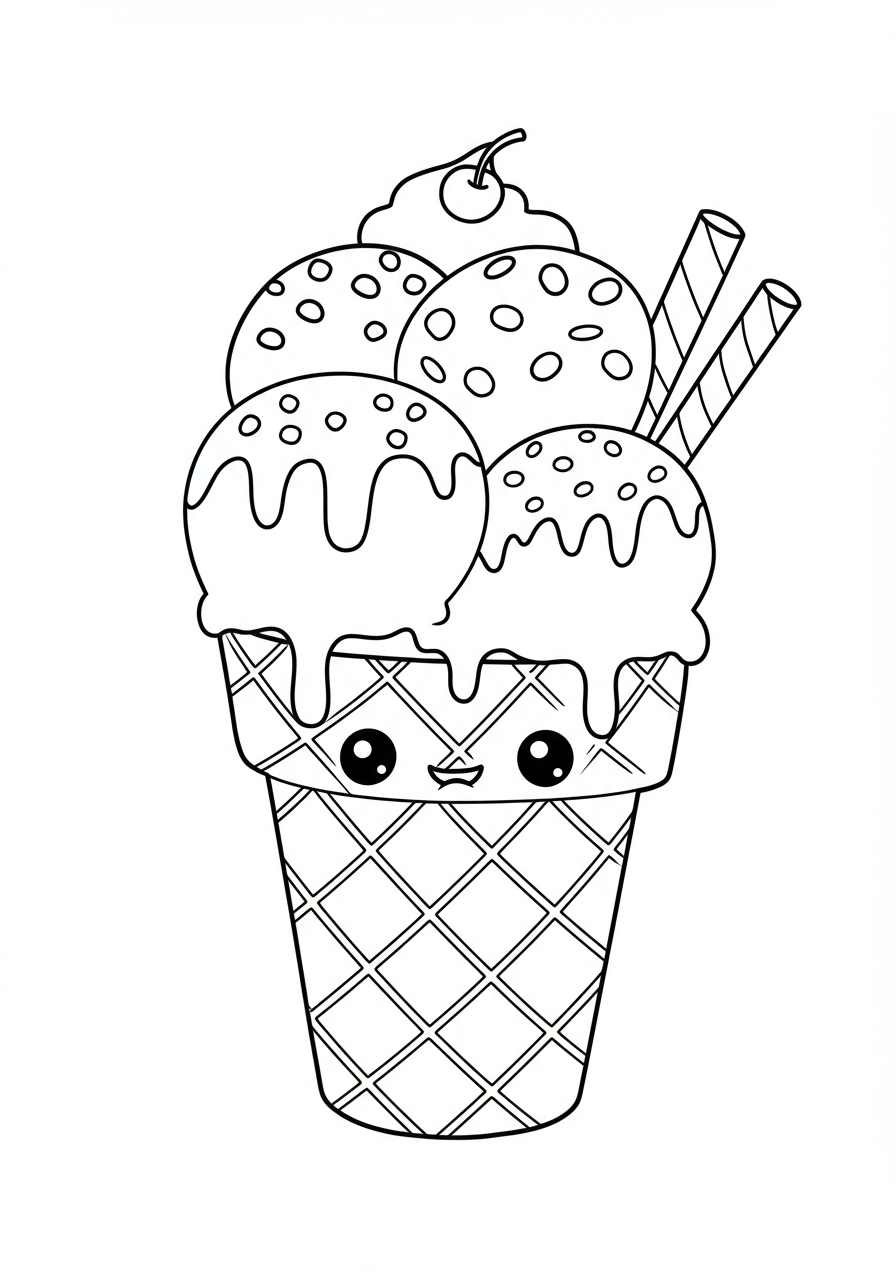 A free printable coloring page showing an ice cream cone with multiple scoops, perfect for kids to color various sweet treat flavors and toppings.