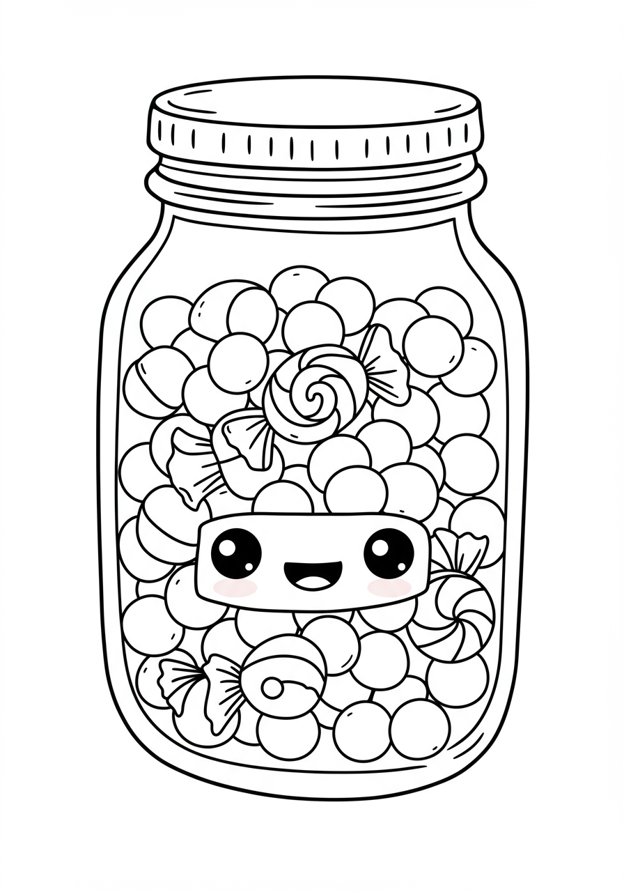 A free printable coloring page depicting a clear glass jar overflowing with a vibrant assortment of various candies, perfect for children to color creatively.