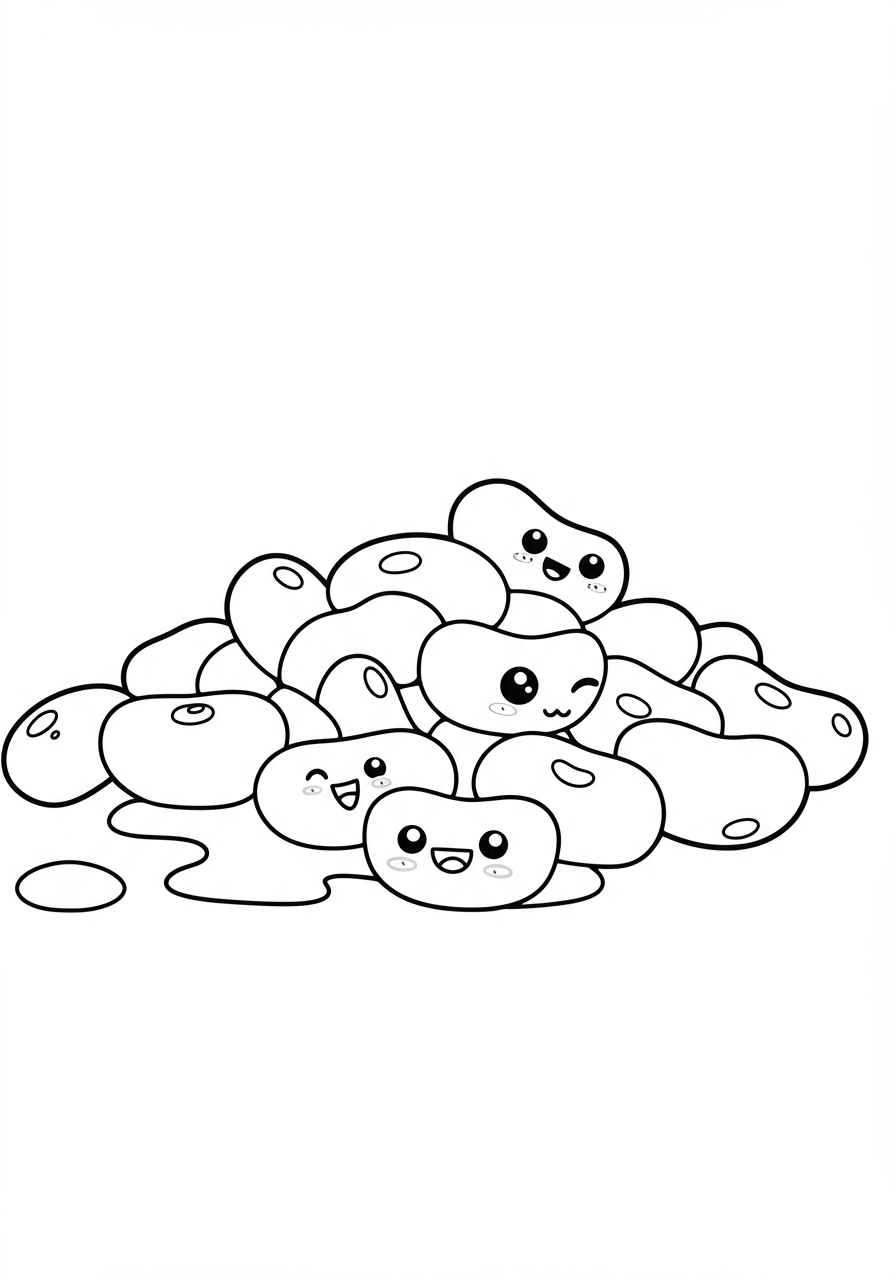 A free printable coloring page featuring a pile of spilled jelly beans, ready for kids to color with bright, fun colors.