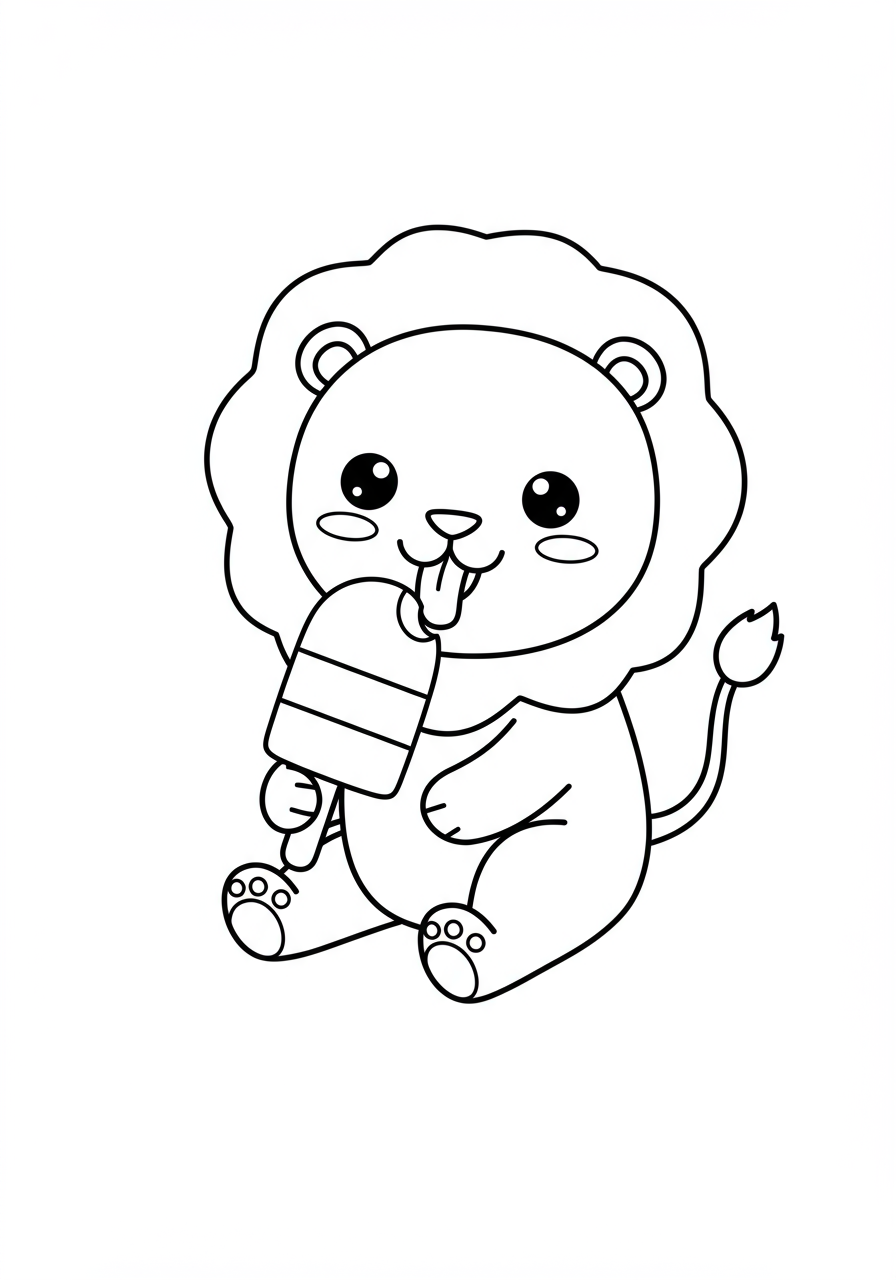 A cute, free printable coloring page showing a friendly lion happily licking a delicious multi-colored popsicle, perfect for kids and summer fun.