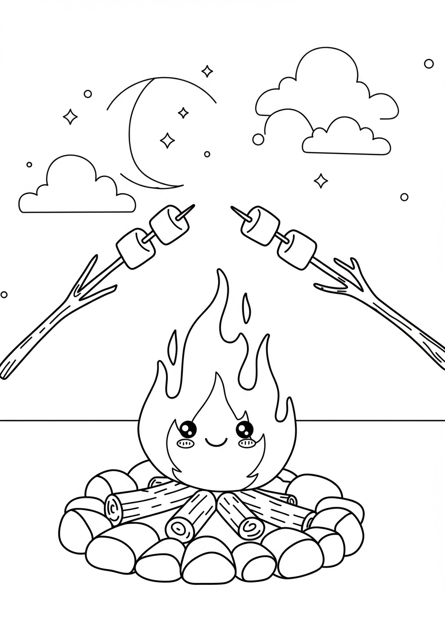 A free printable coloring page showing a cozy campfire with marshmallows roasting on sticks against a night sky, perfect for kids.
