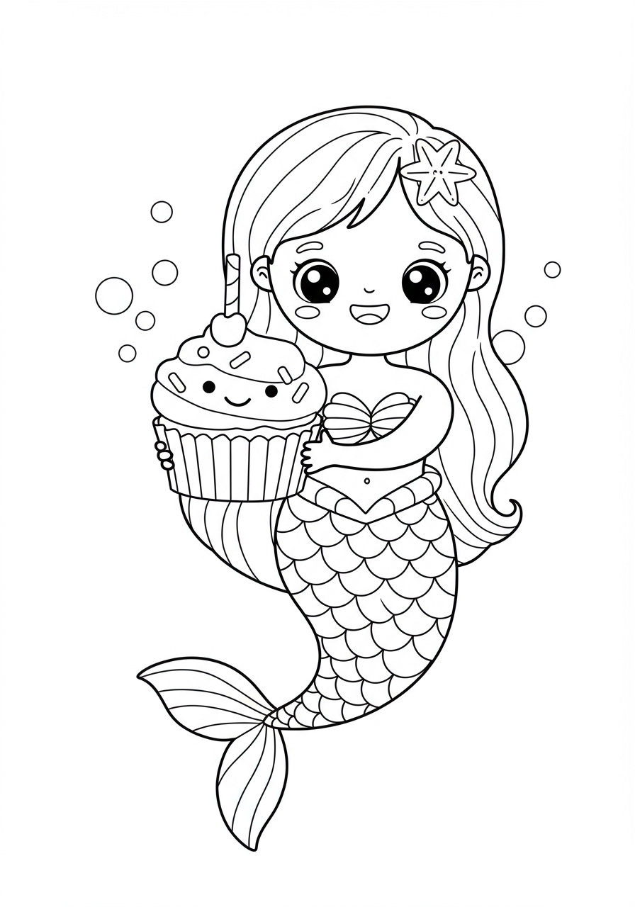 Free printable coloring page featuring a happy mermaid holding a delicious cupcake with frosting and sprinkles, perfect for kids.