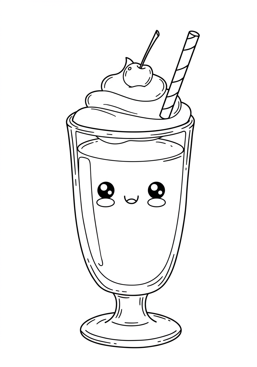 Free printable milkshake with whipped cream coloring page showing a tall glass drink with a straw and a cherry on top, perfect for kids to color.