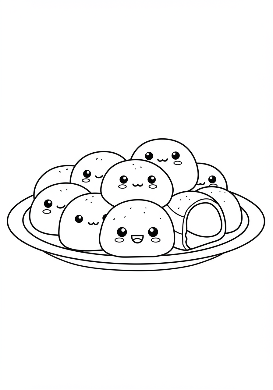 A free printable coloring page featuring several round, simple Mochi Ice Cream Balls on a plate, perfect for kids to color.