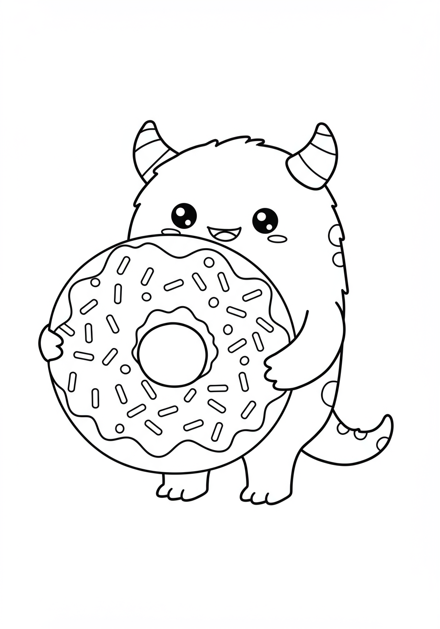 Adorable free printable Monster with Giant Donut coloring page for kids. Features a friendly, happy monster holding a huge, sprinkle-covered donut, ready for coloring fun.