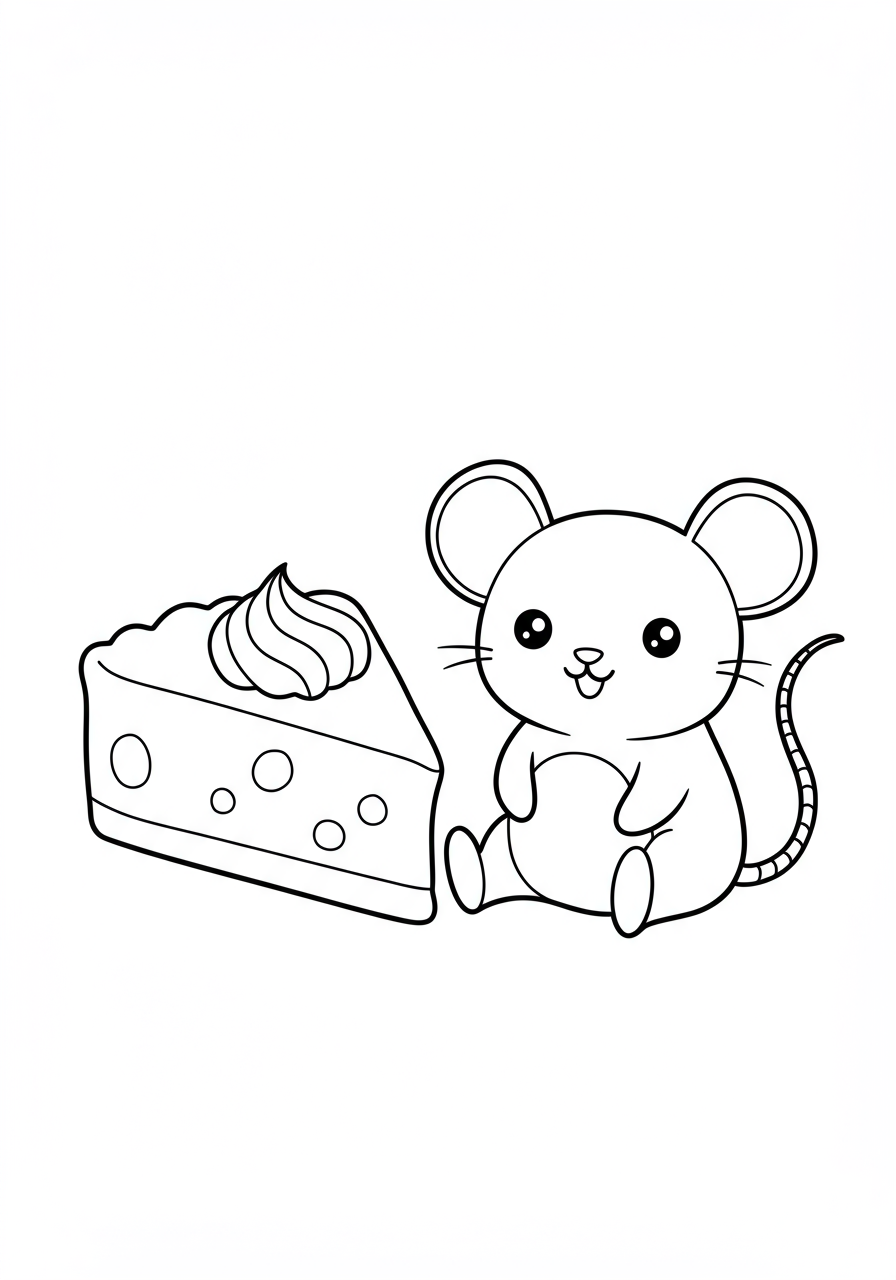 Free printable coloring page featuring a happy cartoon mouse sitting next to a delicious slice of cheesecake, perfect for young children.