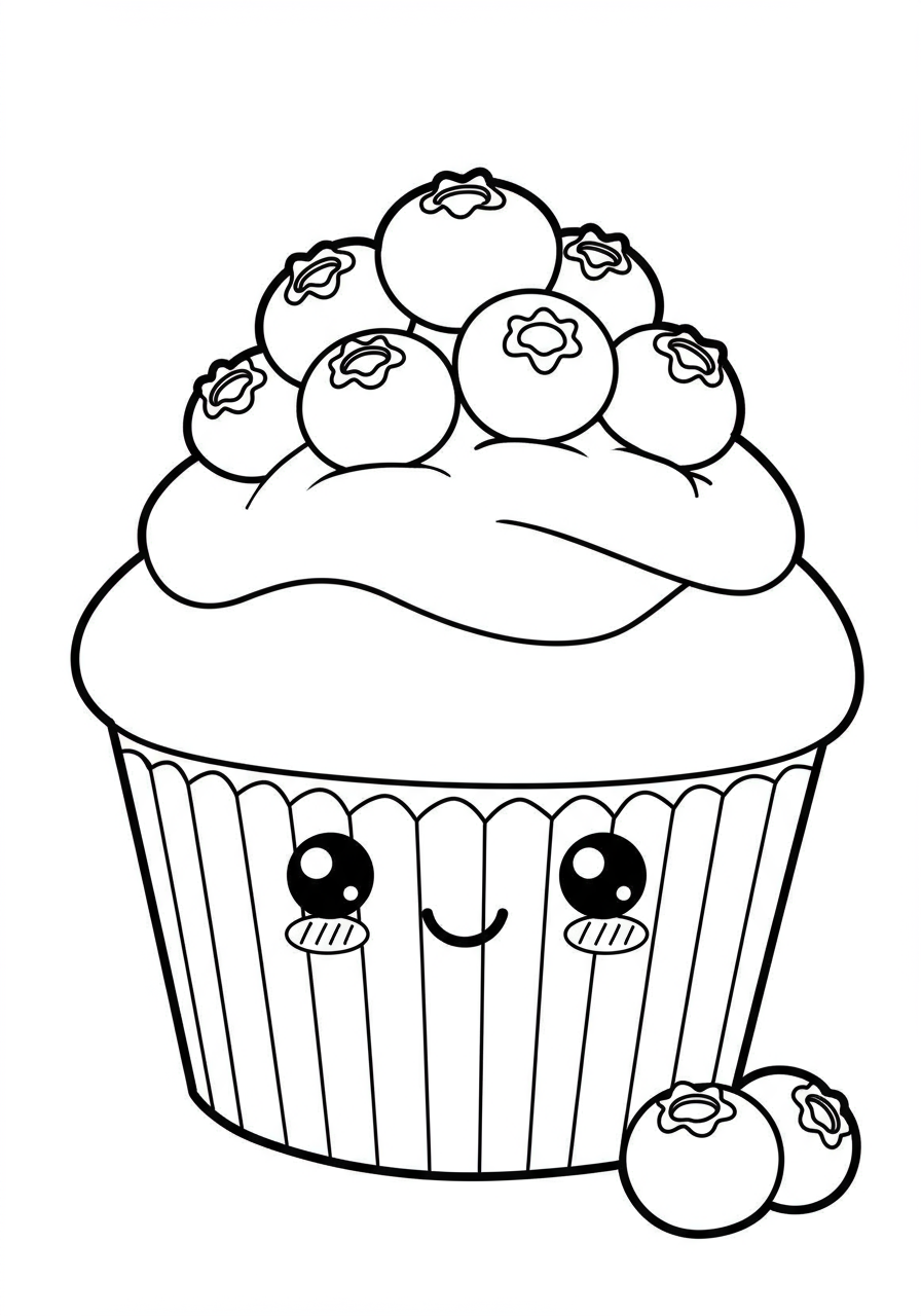 A free printable coloring page showing a delicious blueberry muffin with several plump blueberries on top, perfect for kids to color.
