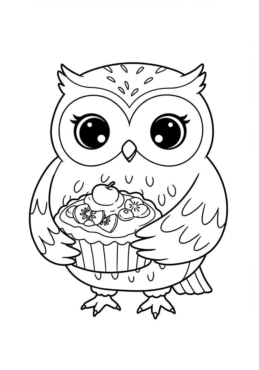 Free printable coloring page featuring a charming owl happily holding a sweet fruit tart, perfect for kids.