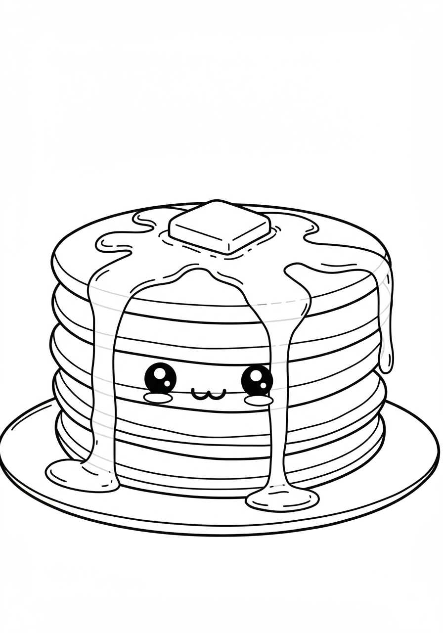 Free printable coloring page featuring a stack of fluffy pancakes dripping with golden maple syrup and a pat of butter on top, perfect for kids to color.