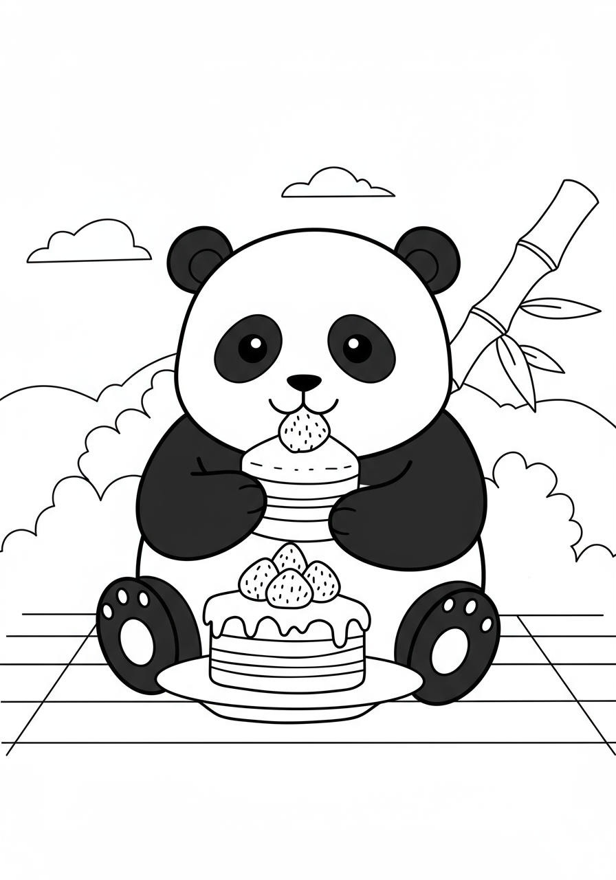Free printable coloring page featuring an adorable panda happily eating a multi-layered bamboo cake, with simple background elements for kids.
