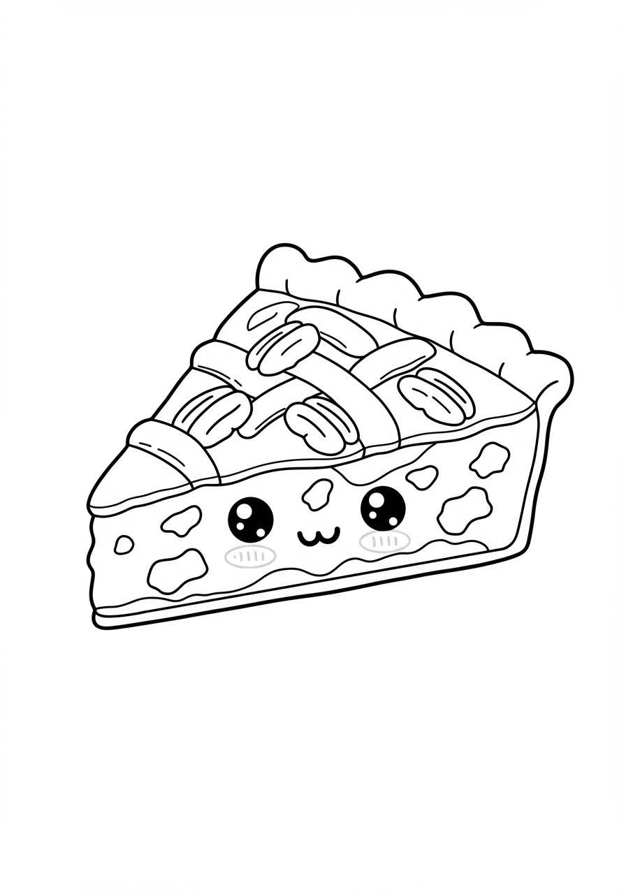 Free printable Pecan Pie Rich Crust coloring page for kids, showing a delicious slice of pie with detailed crust and pecans, perfect for food-themed coloring.