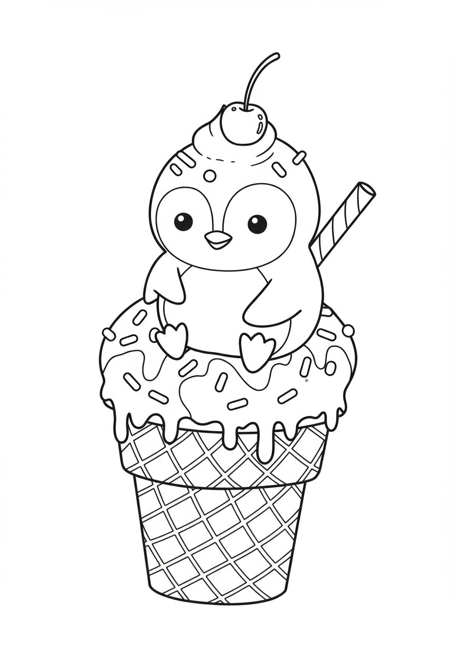 A free printable coloring page featuring a cute cartoon penguin sitting on a large, delicious-looking ice cream cone with sprinkles and a cherry on top, ready to be colored.
