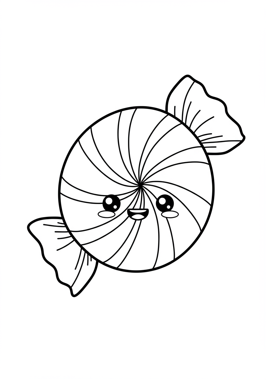 A free printable coloring page featuring a simple, bold illustration of a classic peppermint candy with swirling stripes, perfect for kids to color.