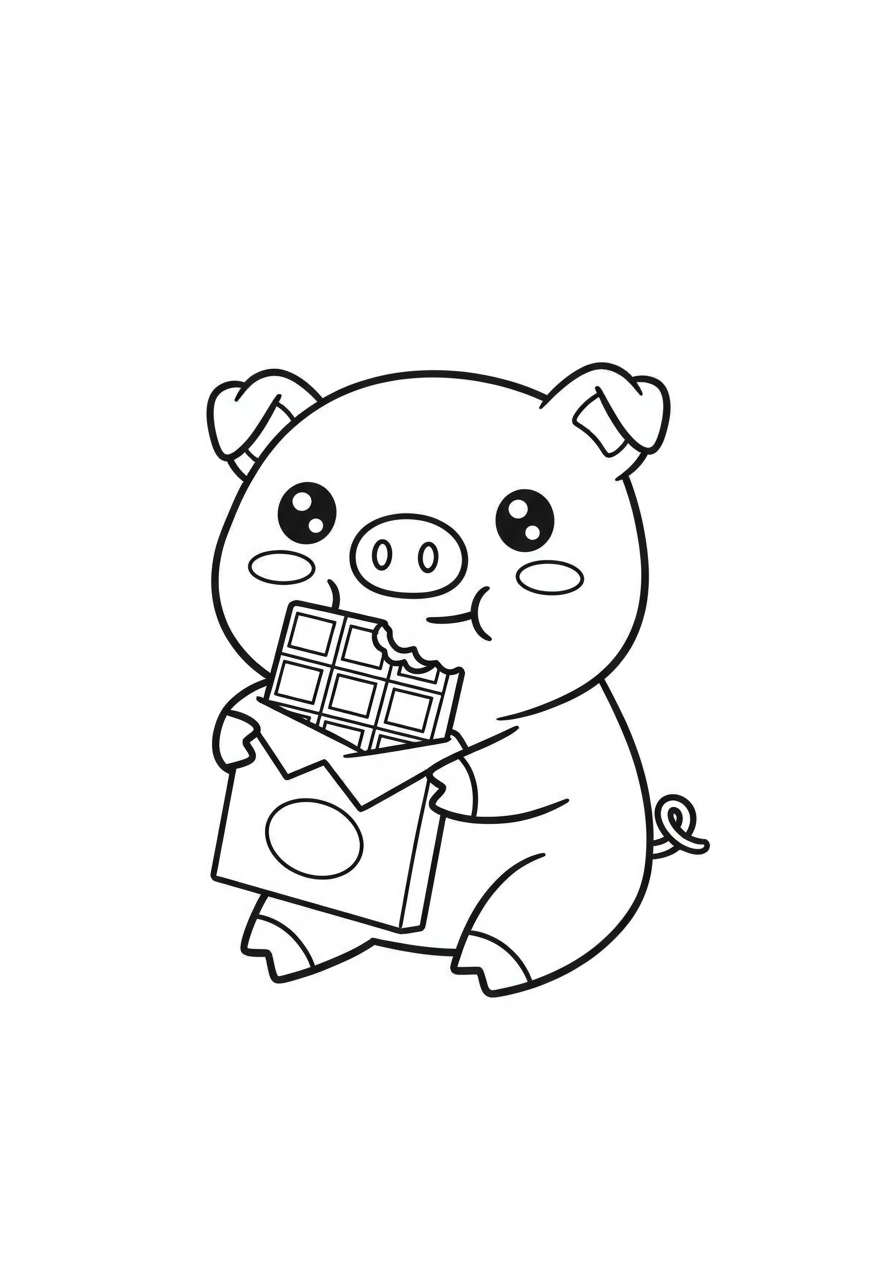 A cute free printable coloring page showing a cartoon pig happily eating a chocolate bar, perfect for kids.