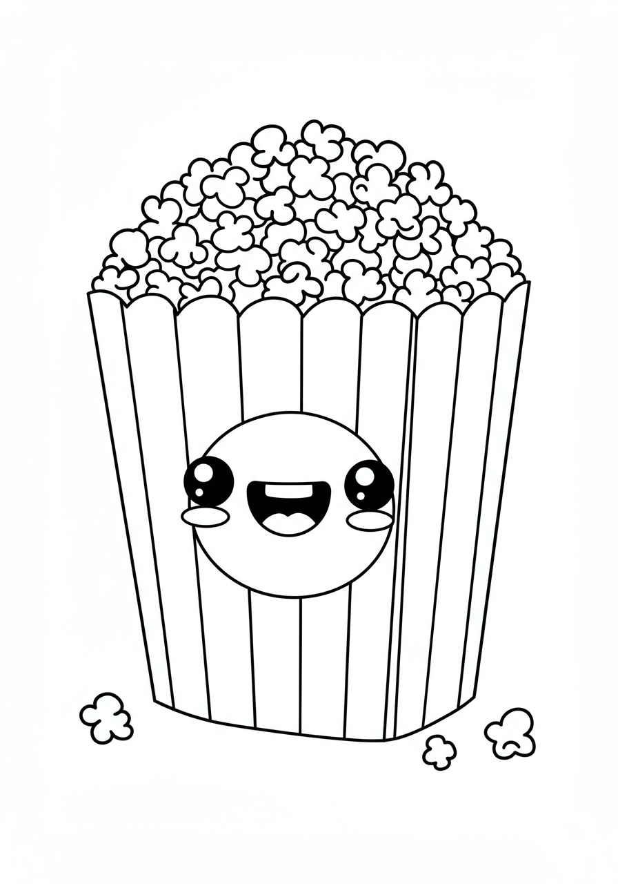 A free printable coloring page showing a happy popcorn bucket overflowing with popcorn, perfect for a movie night theme.